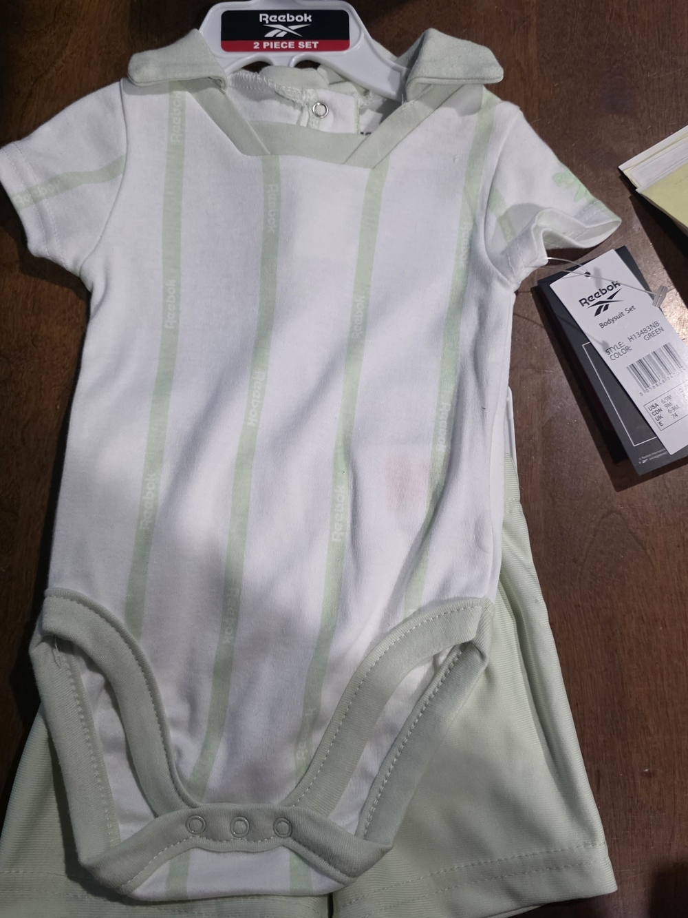 Reebok White and Light Green Striped Baby One-Piece Bodysuit